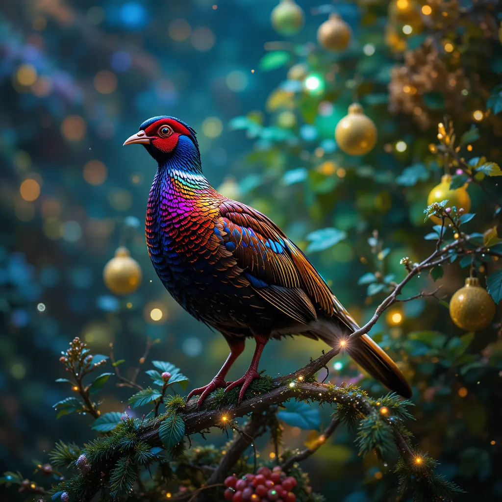 Rebhuhn, das in einem Birnbaum mit Weihnachtslichtern ruht