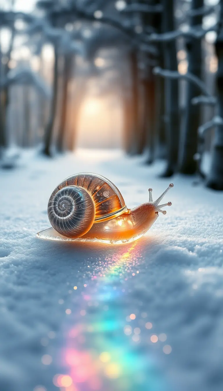 Chiocciola di cristallo su un sentiero arcobaleno ghiacciato nella neve