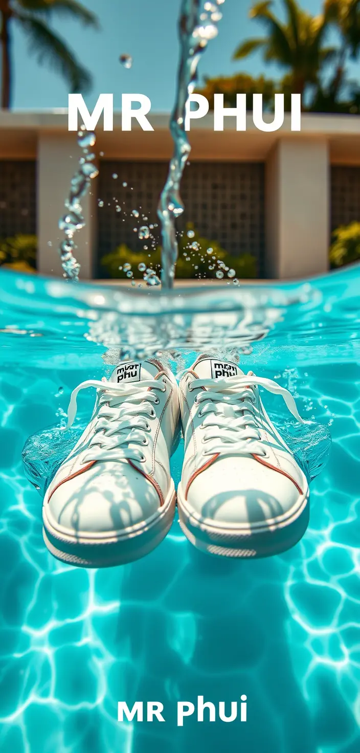 Weiße Sneaker, in Poolwasser mit Zitronenscheiben getaucht