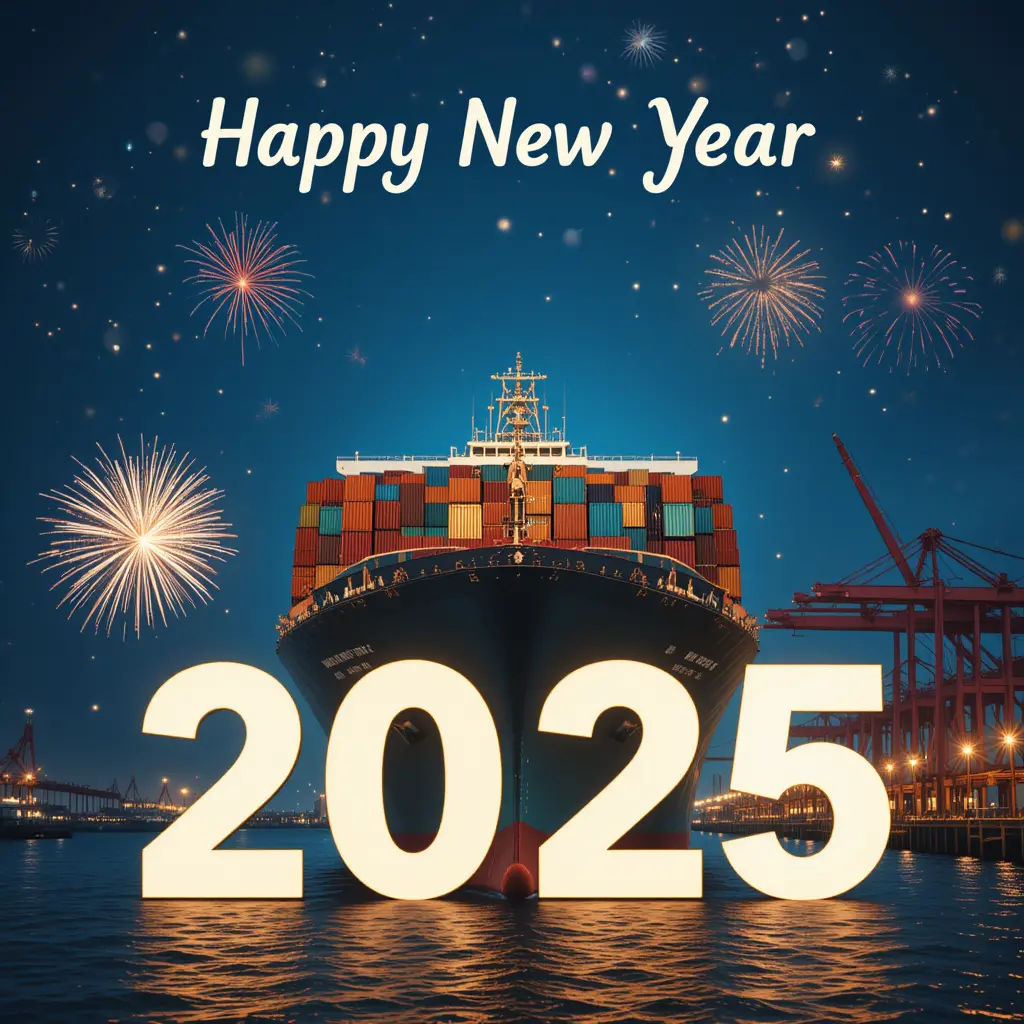 貨櫃船正面視角搭配 2025 新年煙火設計