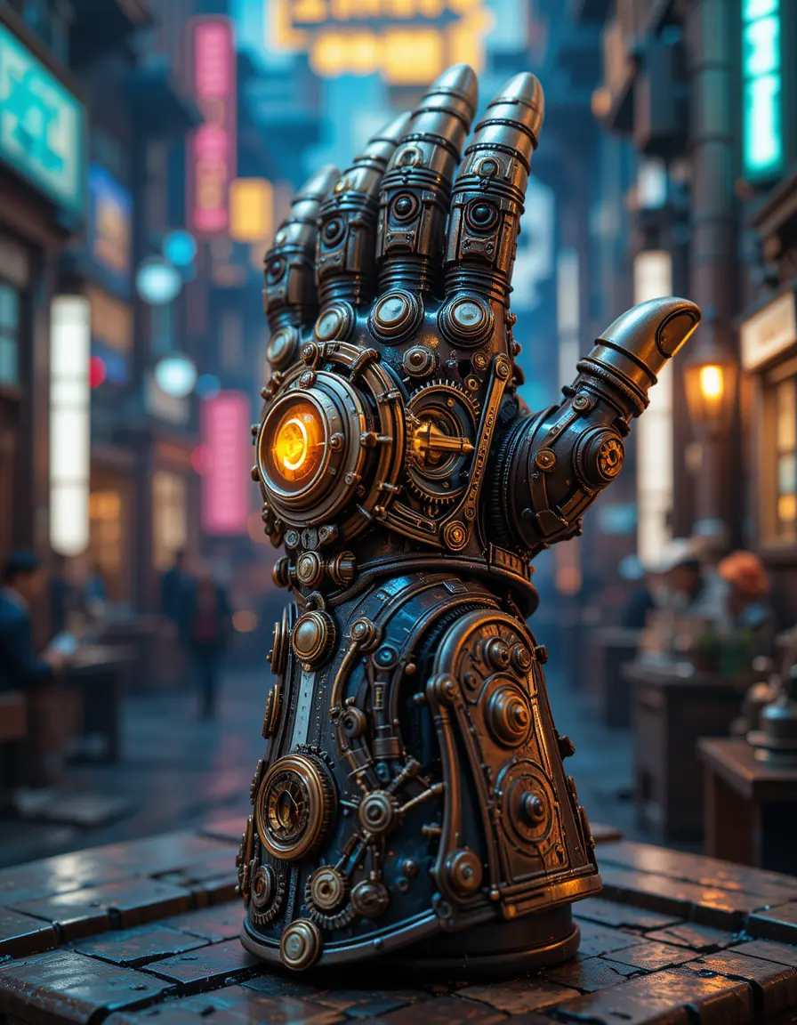 Gantelet steampunk avec engrenages et fond néon