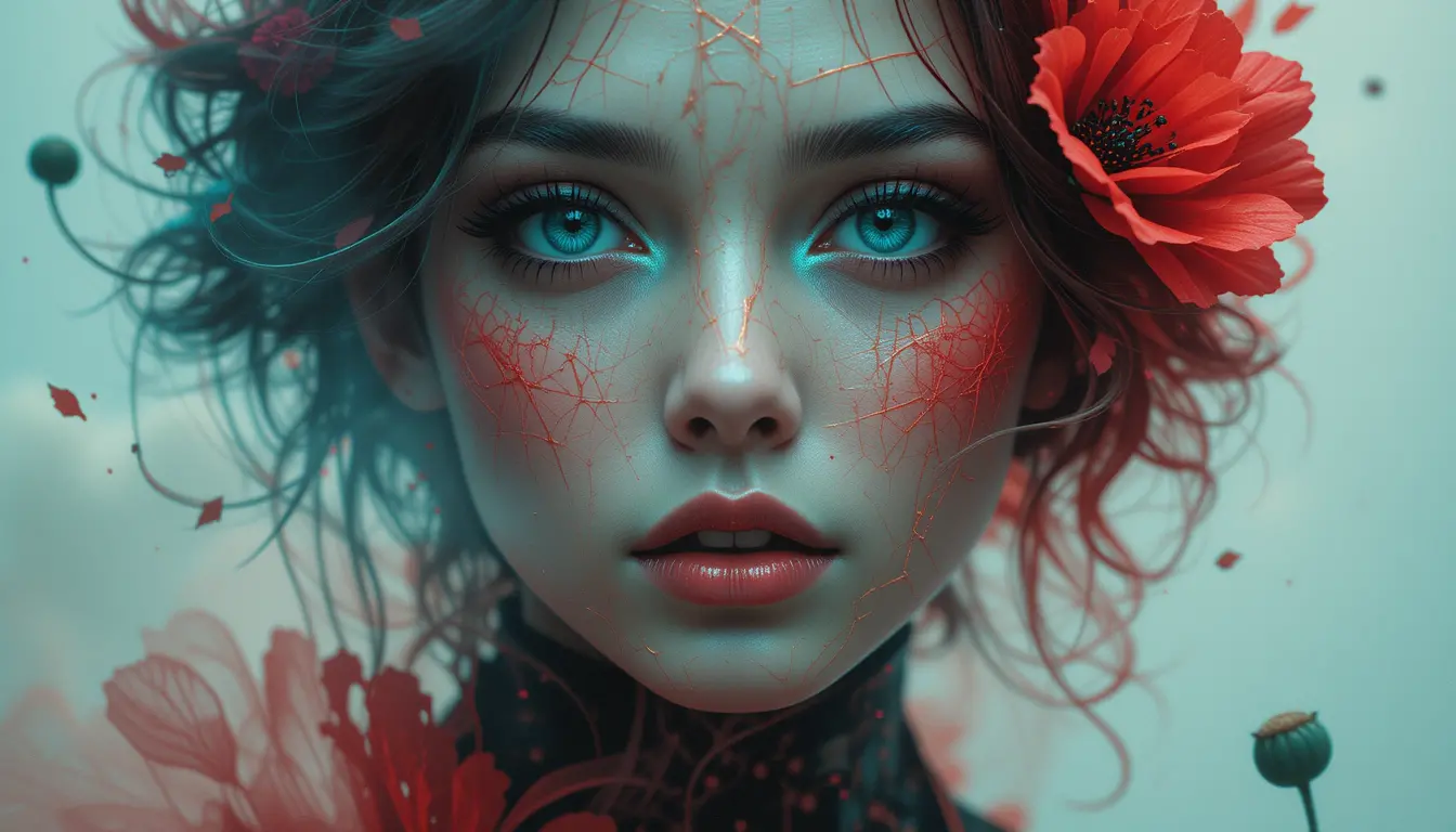 Surreal portrait of a woman with holographic floral face
