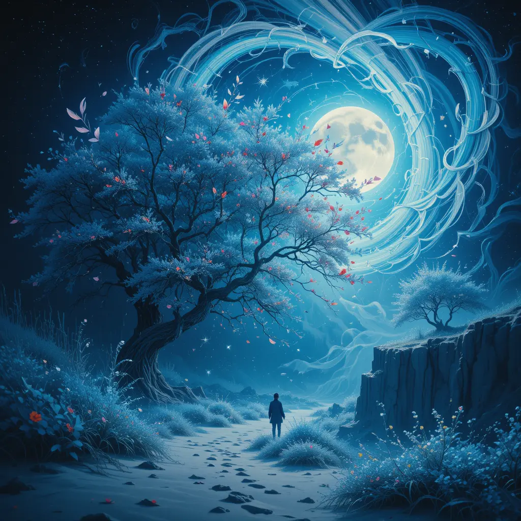 奇幻月光海景與旋繞樹木與花朵