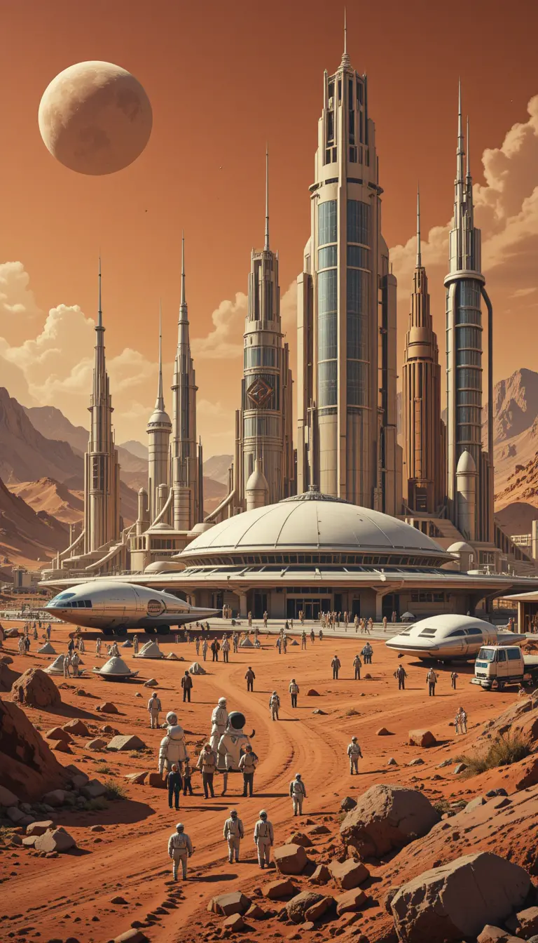 Futuristisches Leben auf dem Mars mit retrofuturistischer Stadtlandschaft