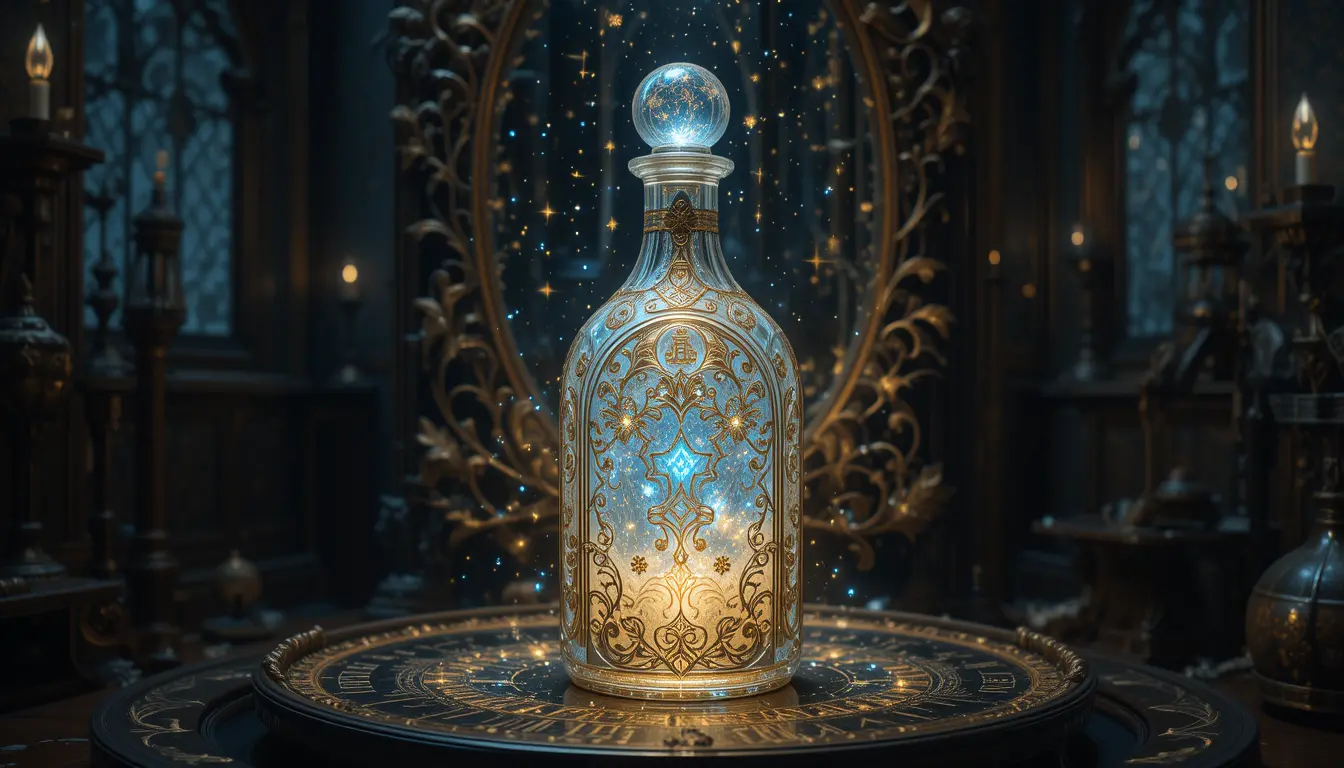 Leuchtende Kristall-Elixierflasche in einem dunklen mystischen Raum
