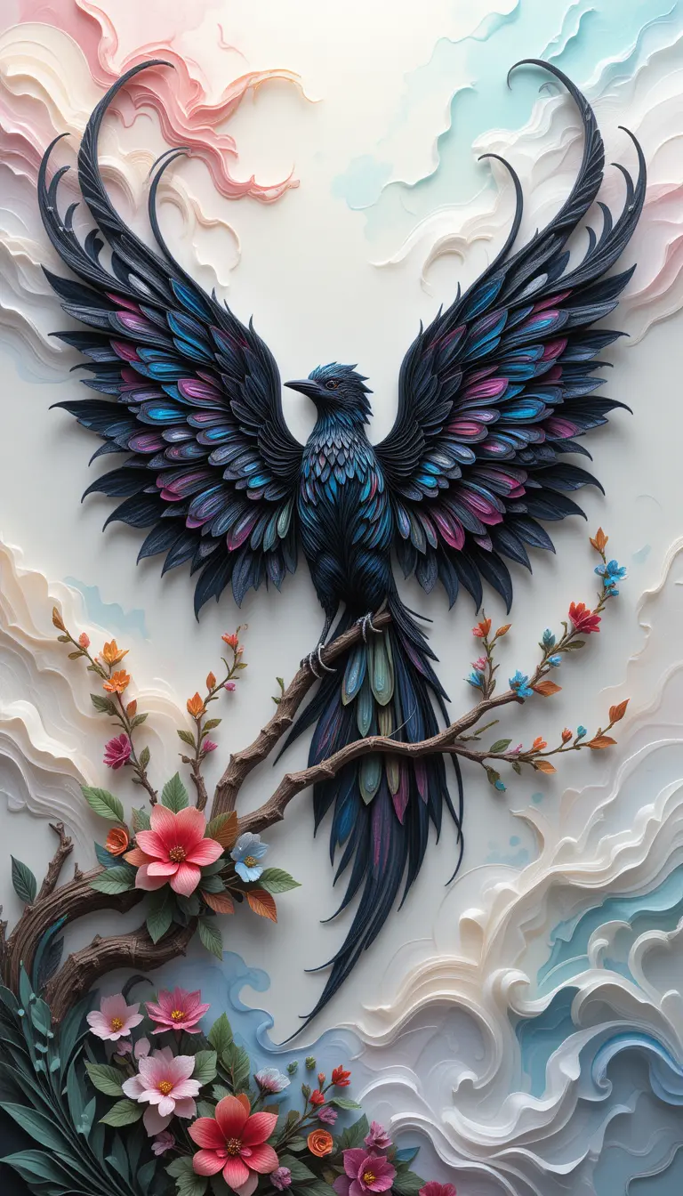 Oiseau Fantastique Mystique en Quilling de Papier sur Branche Fleurie