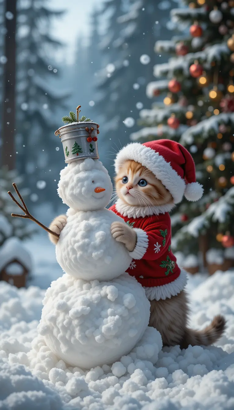 穿著聖誕老人服裝的小貓在冬日森林裡堆雪人