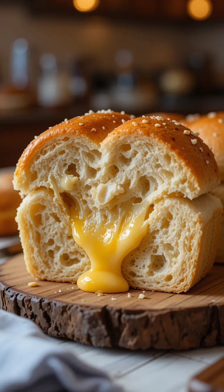 Mit Käse gefülltes Brötchen auf rustikalem Holzbrett