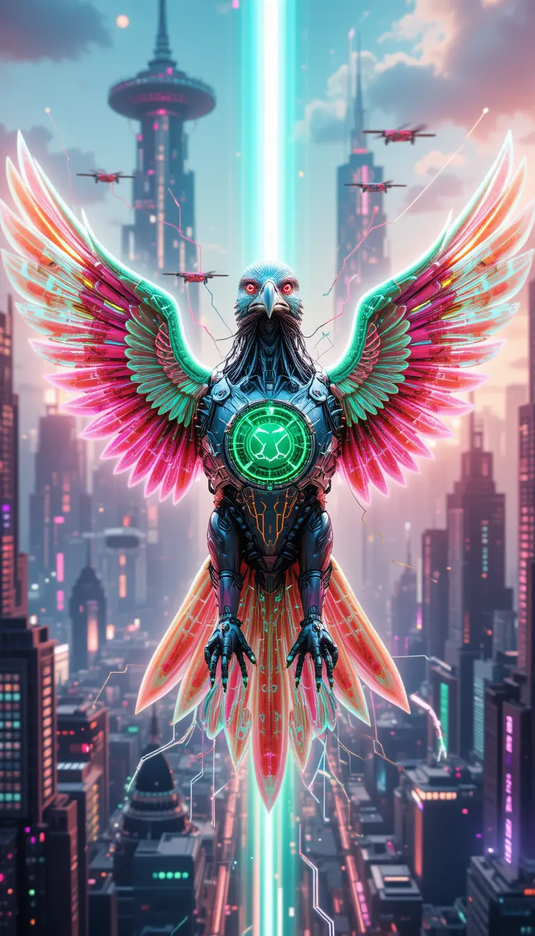 Kybernetischer Neonadler über schwebender futuristischer Digitalstadt