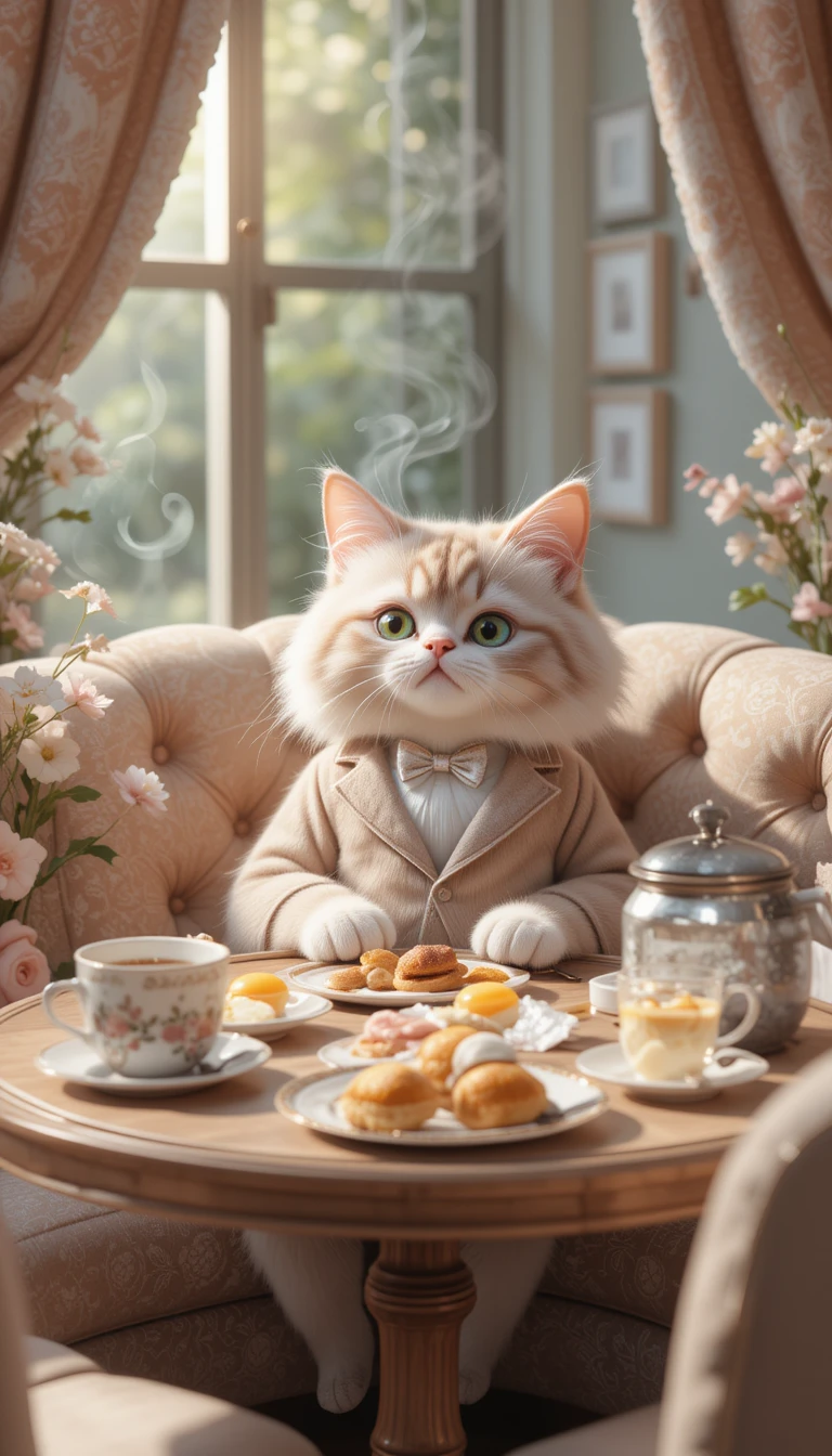 Gato 3D estiloso relaxando em um aconchegante cantinho de café da manhã