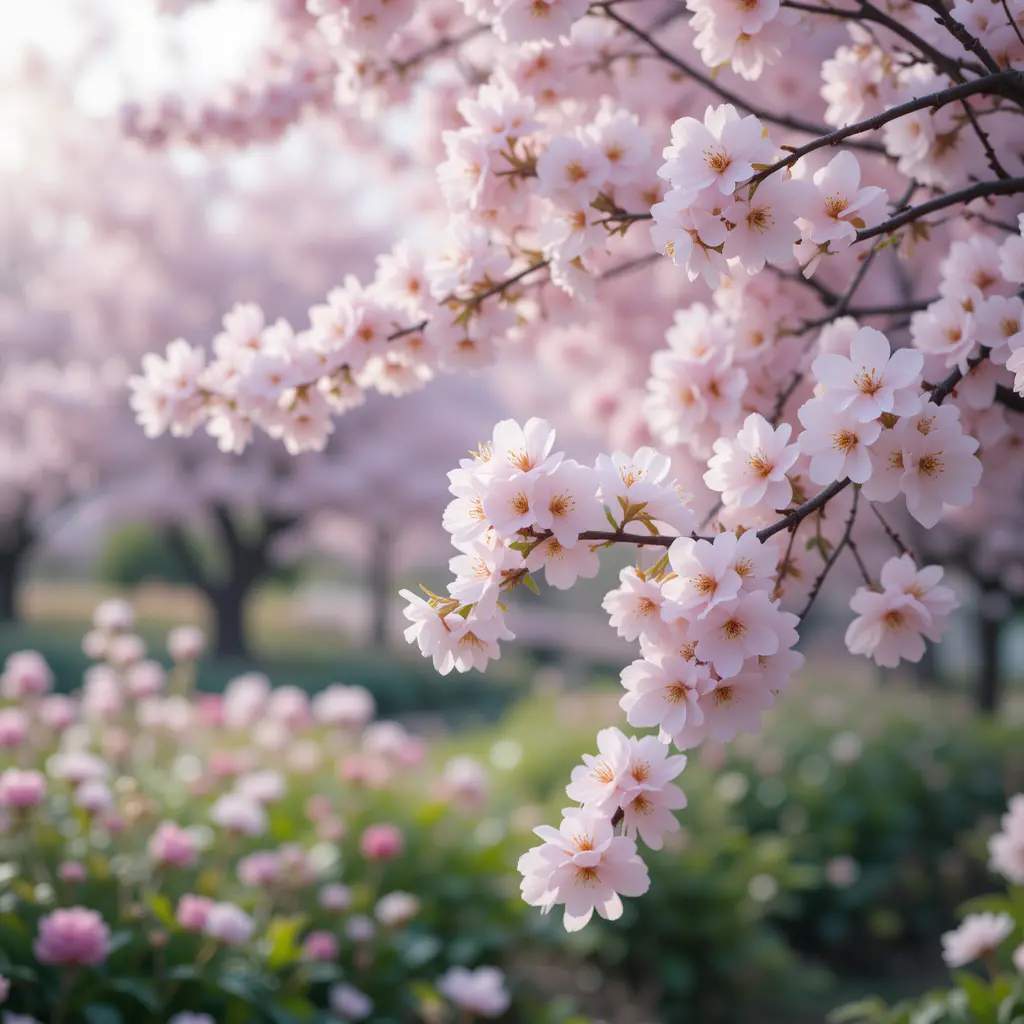 Paisible jardin de cerisiers en fleurs aux douces couleurs pastel de printemps