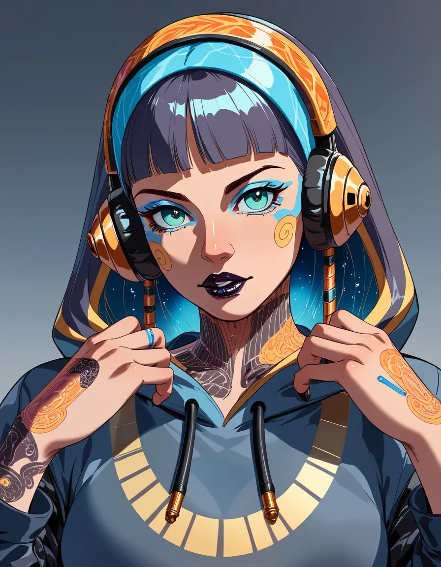 Retrato Moderno de Cleópatra com Arte de Streetwear Cósmico