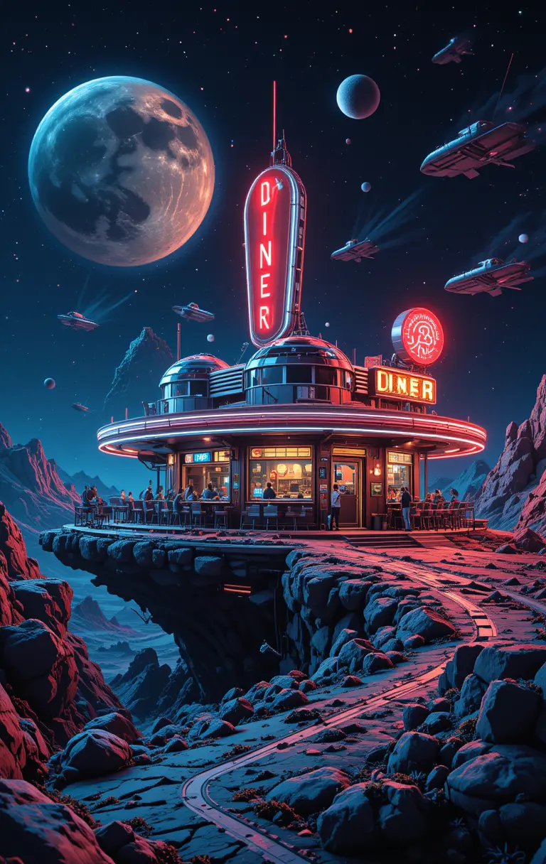 Dîner rétro de science-fiction sur un astéroïde avec voitures volantes