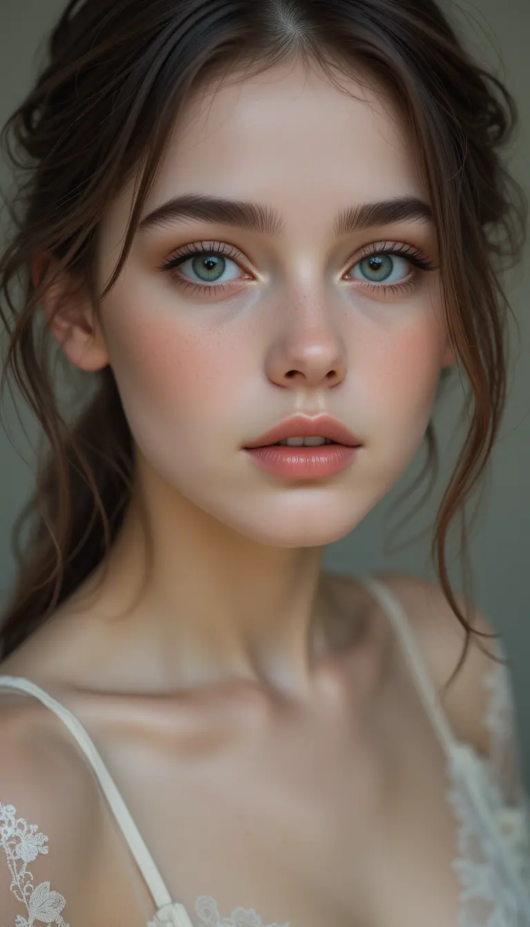 Shy young woman in transparent peignoir gazing softly