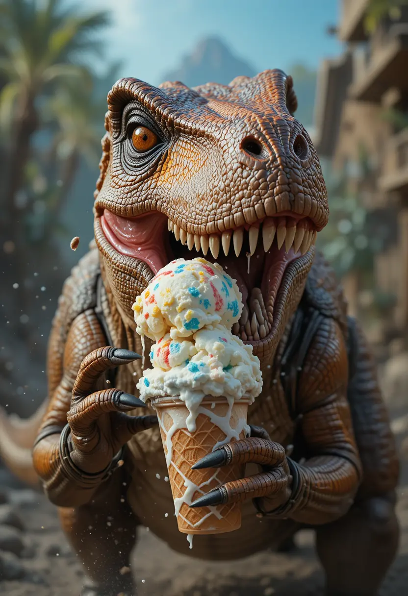 T-rex joueur savourant une glace dans une scène pleine d’action