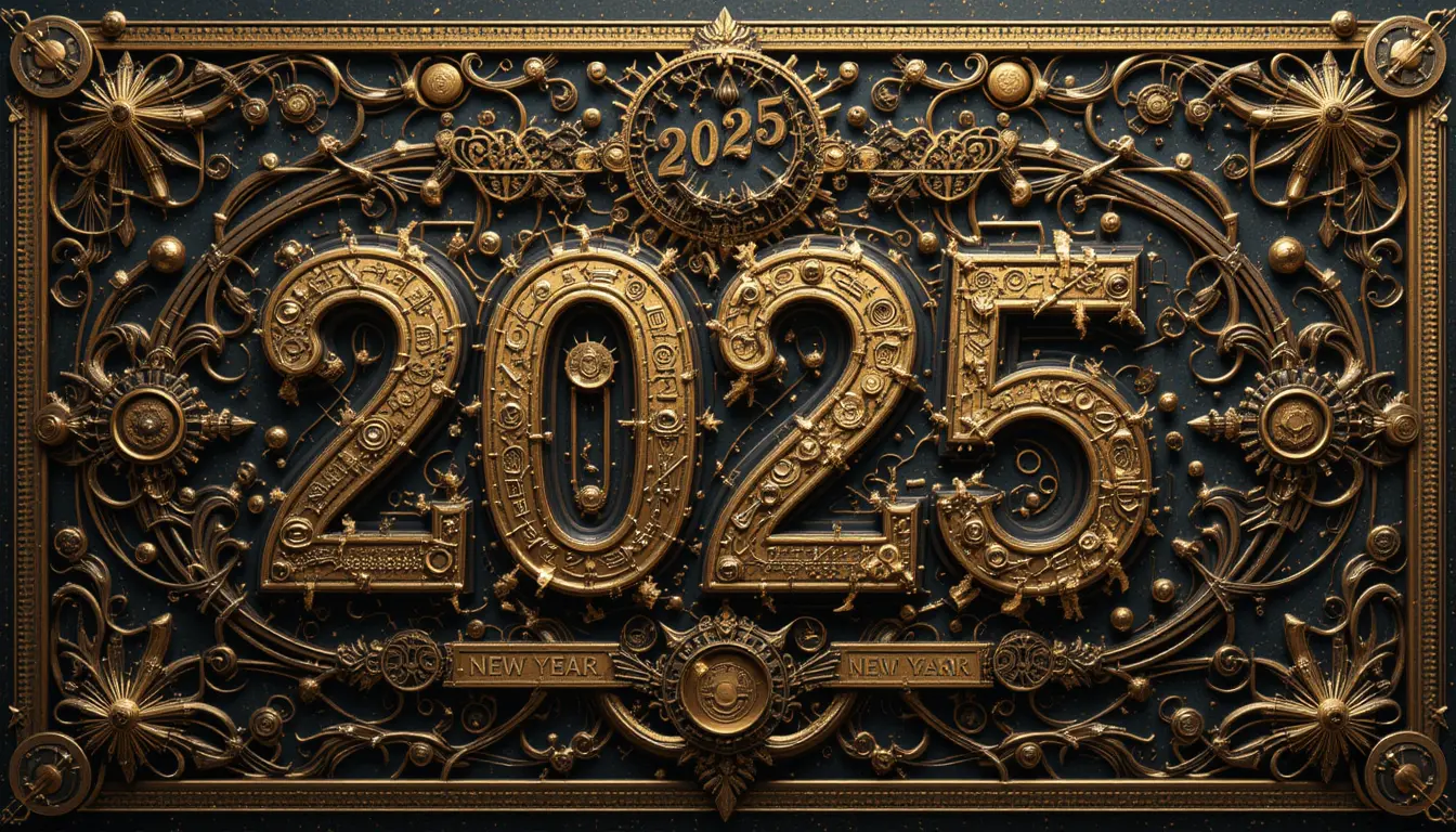 蒸汽龐克風格2025新年賀卡，點綴華麗金色細節