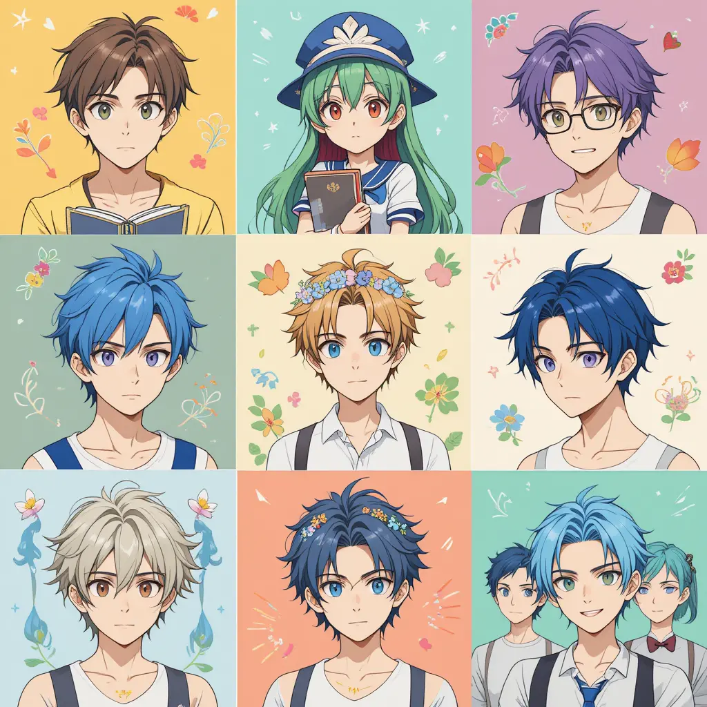 Collage de neuf illustrations colorées de portraits de personnages d’anime