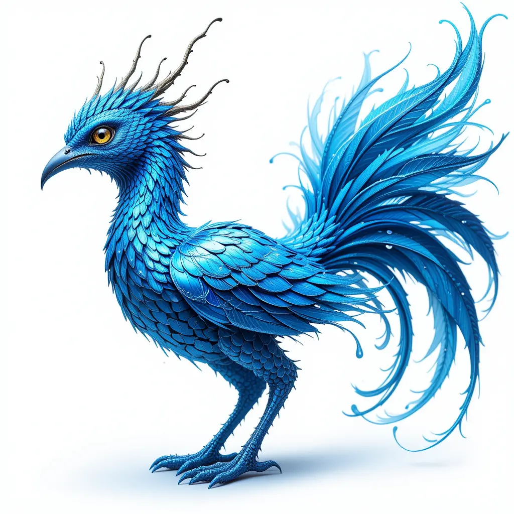 Oiseau bleu fantastique aux plumes irisées sur fond blanc