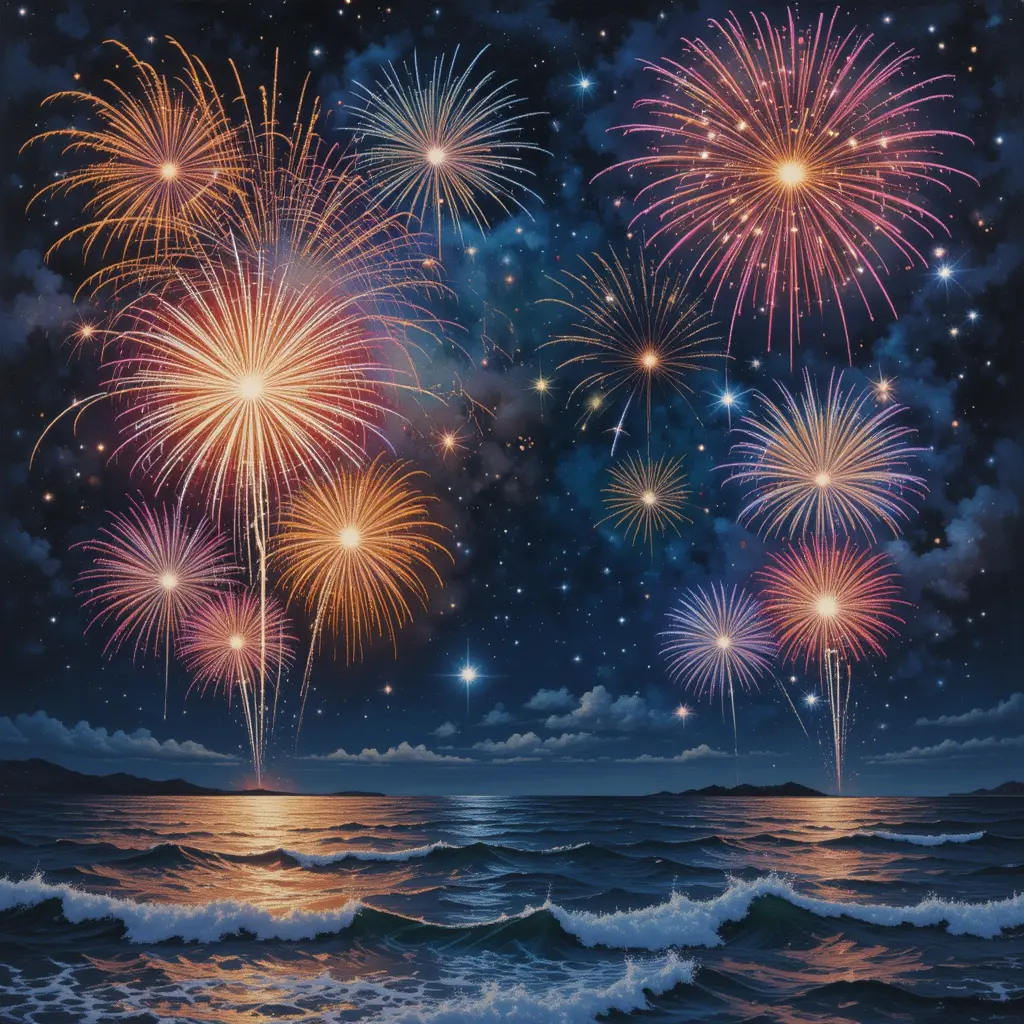 絢麗煙火綻放在午夜海空之上