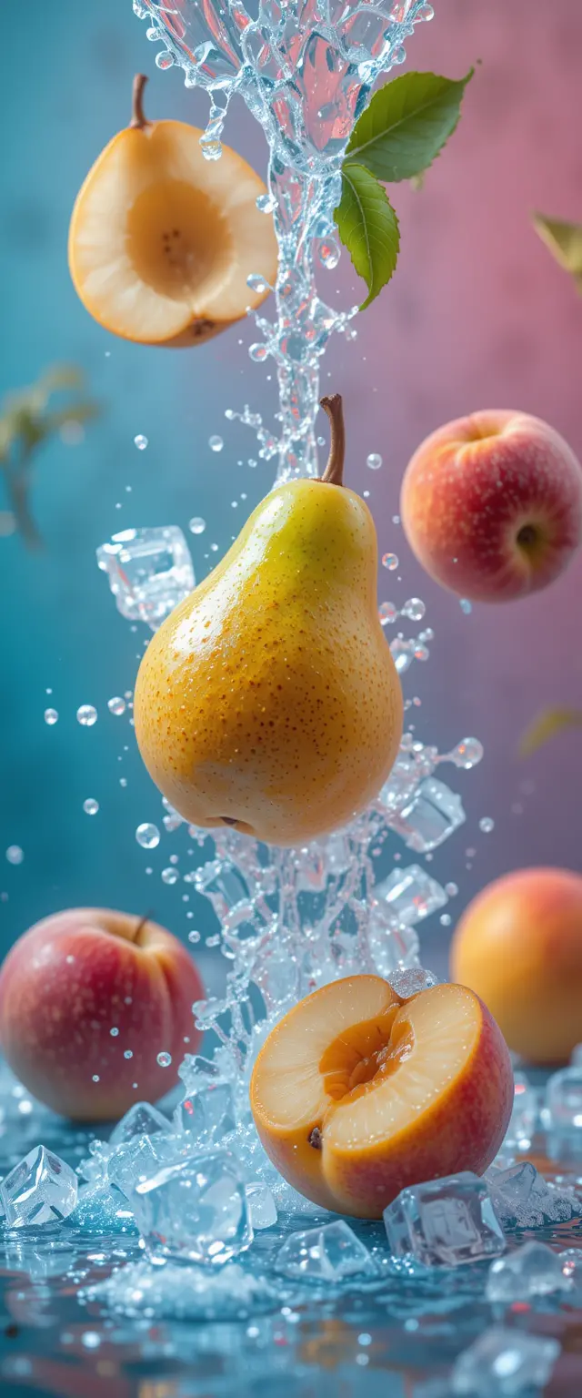 Pere e pesche fresche con acqua ghiacciata che schizza