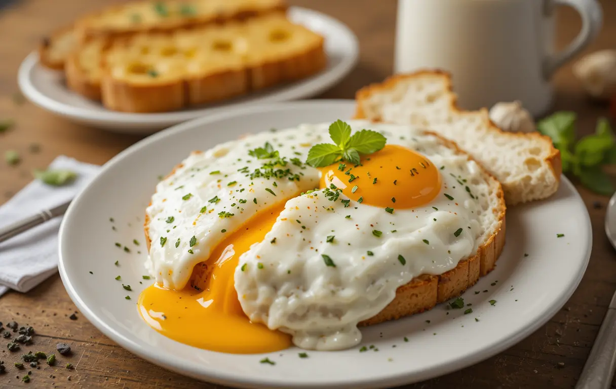 Leckeres Frühstück mit Spiegelei, Toast und Milch