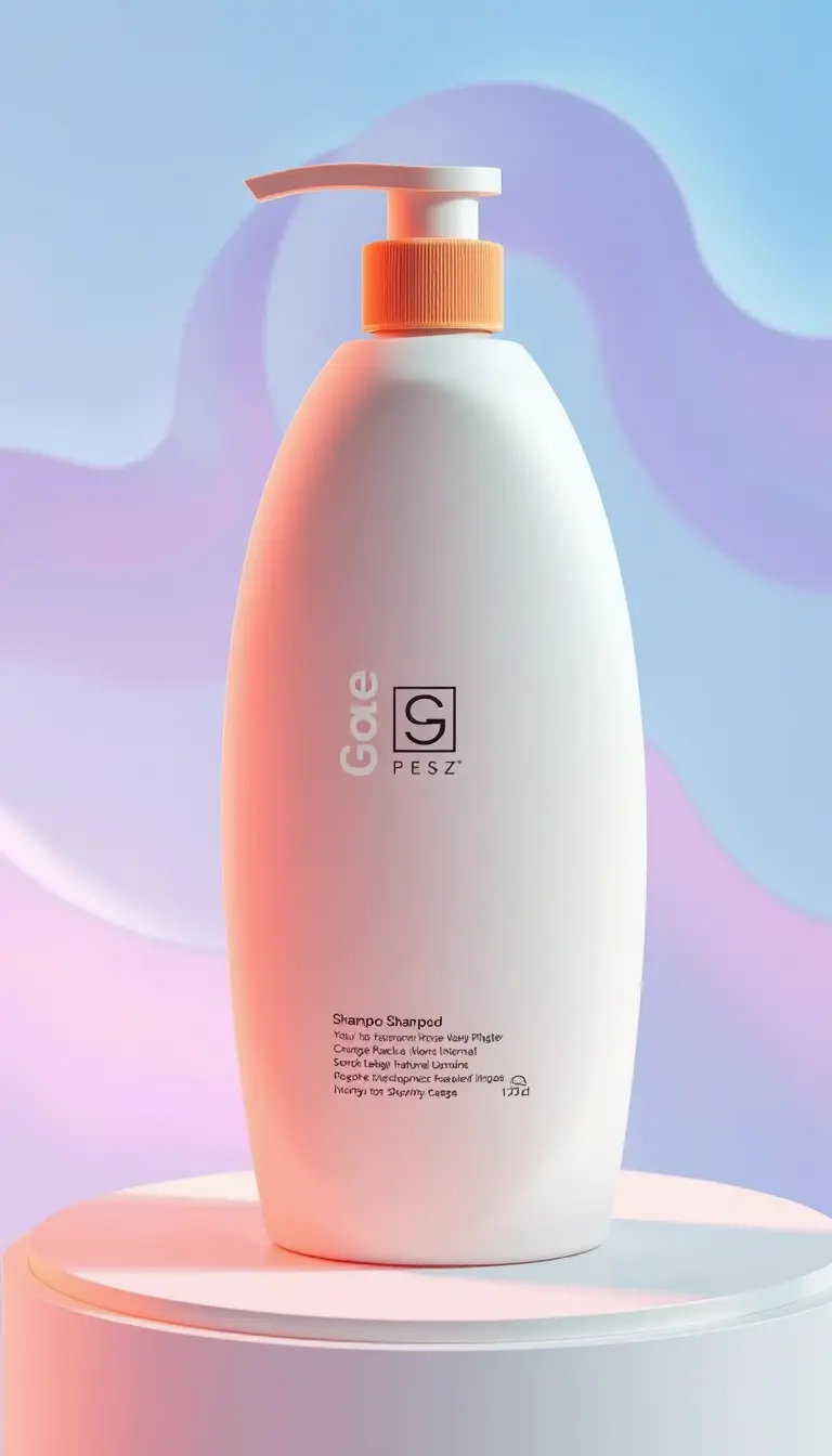 Minimalistische Shampooflasche vor abstraktem Farbverlauf-Hintergrund