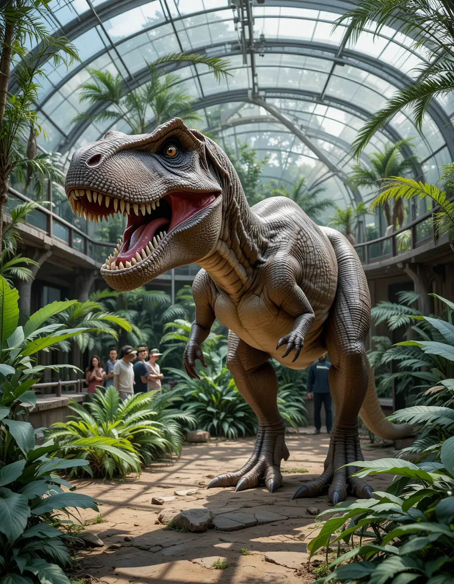 Tyrannosaurus rex dans un parc animalier moderne derrière une vitre