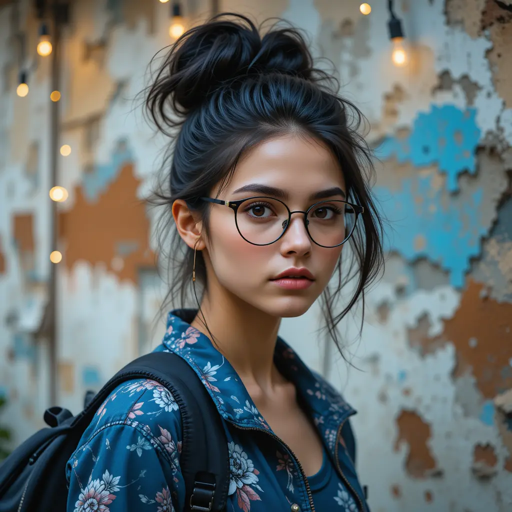 老舊城市牆旁戴眼鏡的嚴肅年輕女子