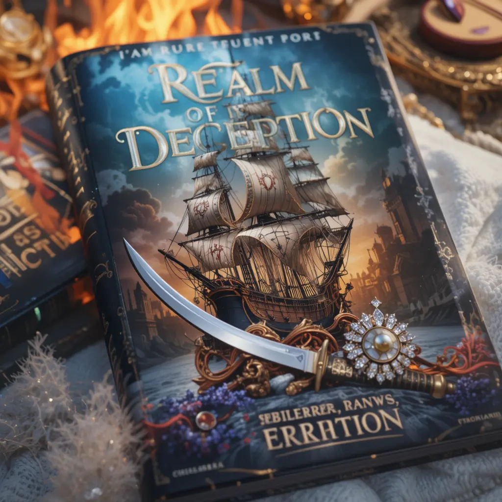 Capa de livro de fantasia com navio pirata, espada e coroa