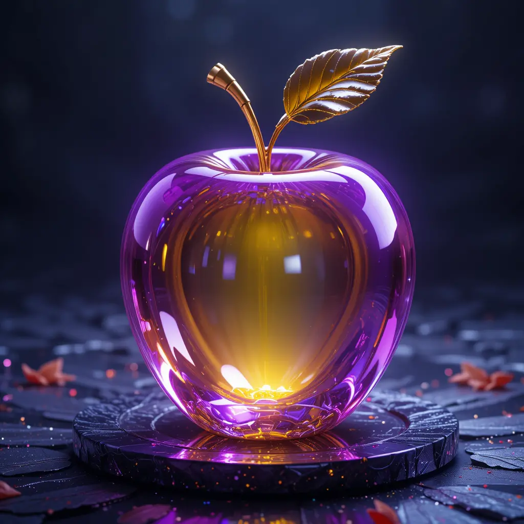 黑暗場景中帶金屬果梗的發光玻璃蘋果