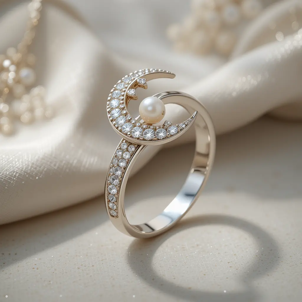 Diamantring aus Weißgold mit Mondsichel und Perle
