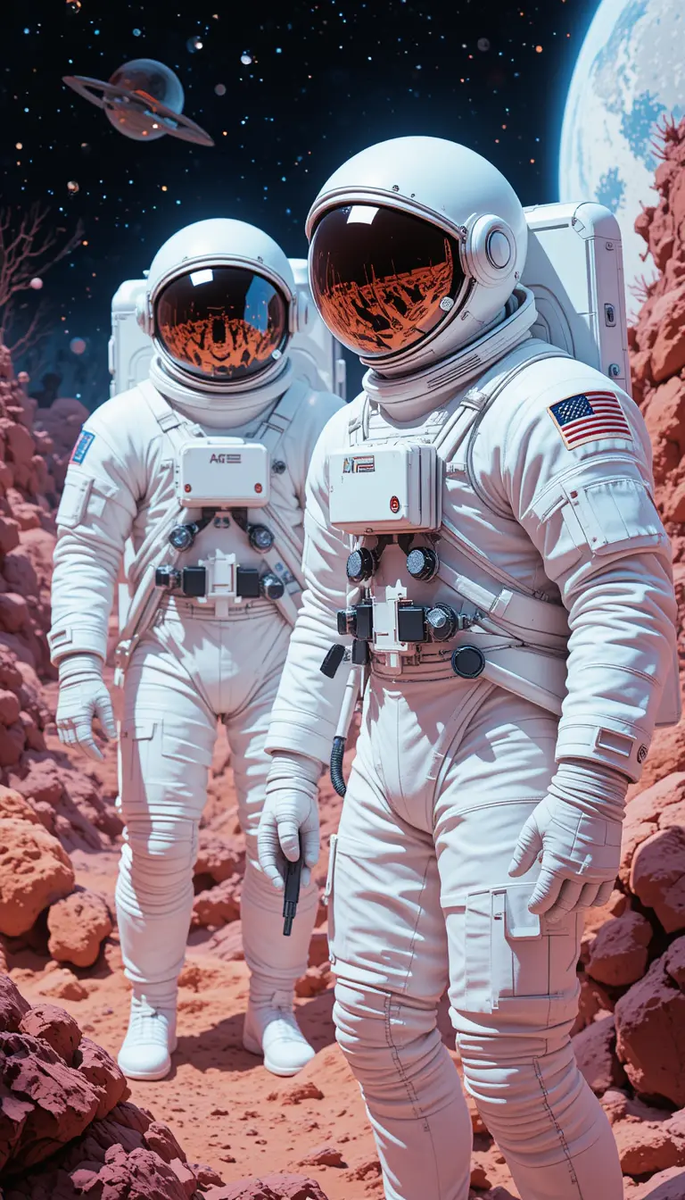 白い宇宙服の宇宙飛行士たちのレトロ80年代風ポスター