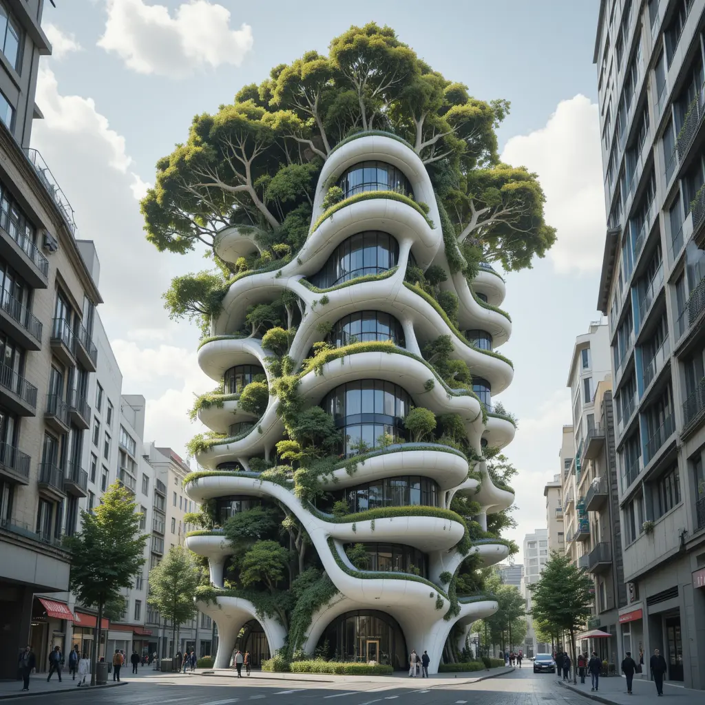Edificio futuristico avvolto da un albero gigante in una città solarpunk