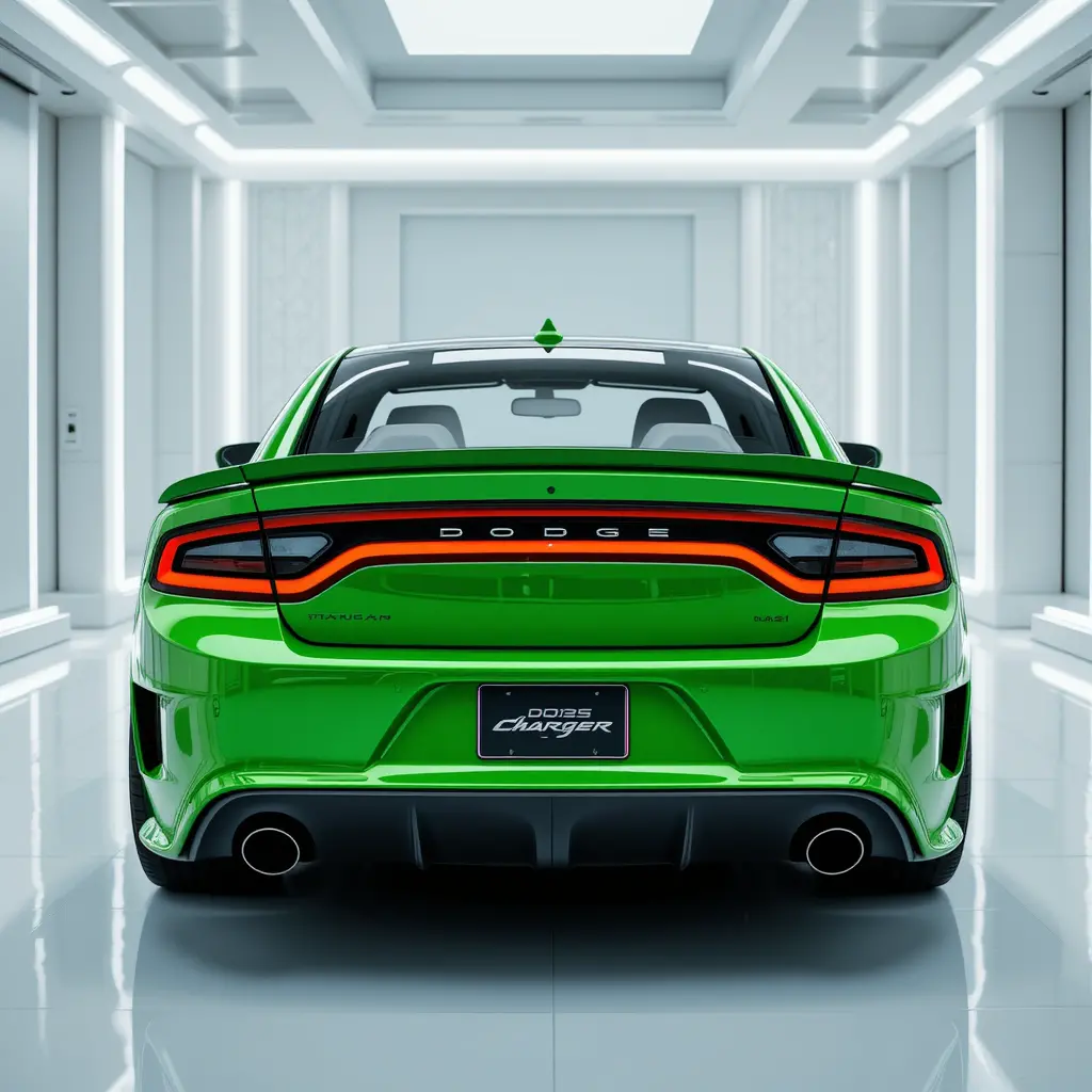 Grüner futuristischer Muscle-Car in einem hellen weißen Showroom