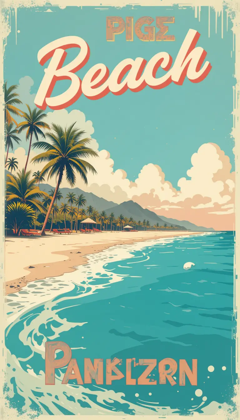 Affiche de voyage vintage pour la plage avec scène côtière pastel