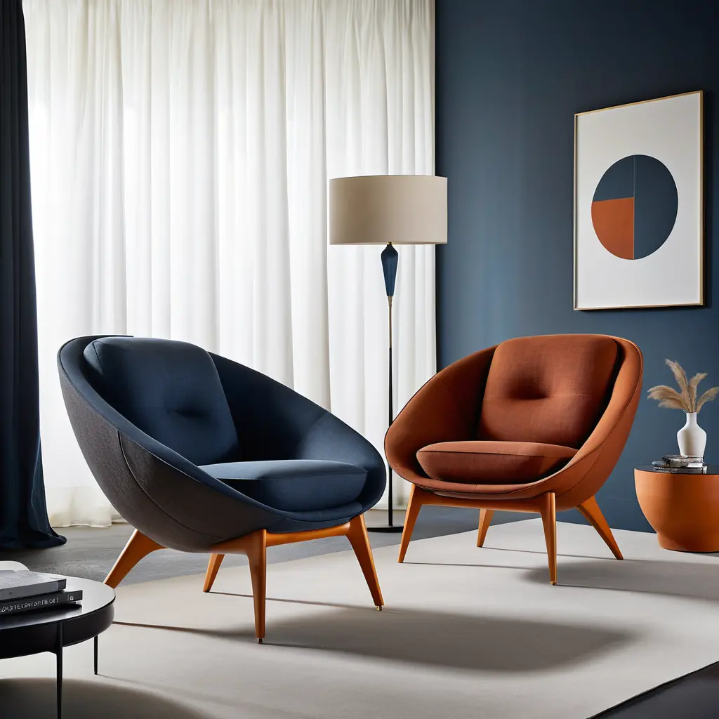 Modern rust fabric armchair with curved contemporary design