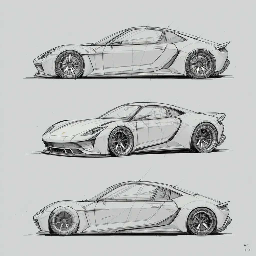 Bozzetti lineari futuristici di Porsche da più angolazioni
