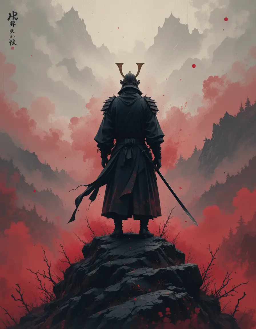 Einsamer Samurai mit Blick auf einen nebligen Bergsee in der Dämmerung