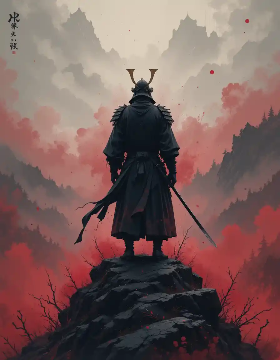 Einsamer Samurai mit Blick auf einen nebligen Bergsee in der Dämmerung