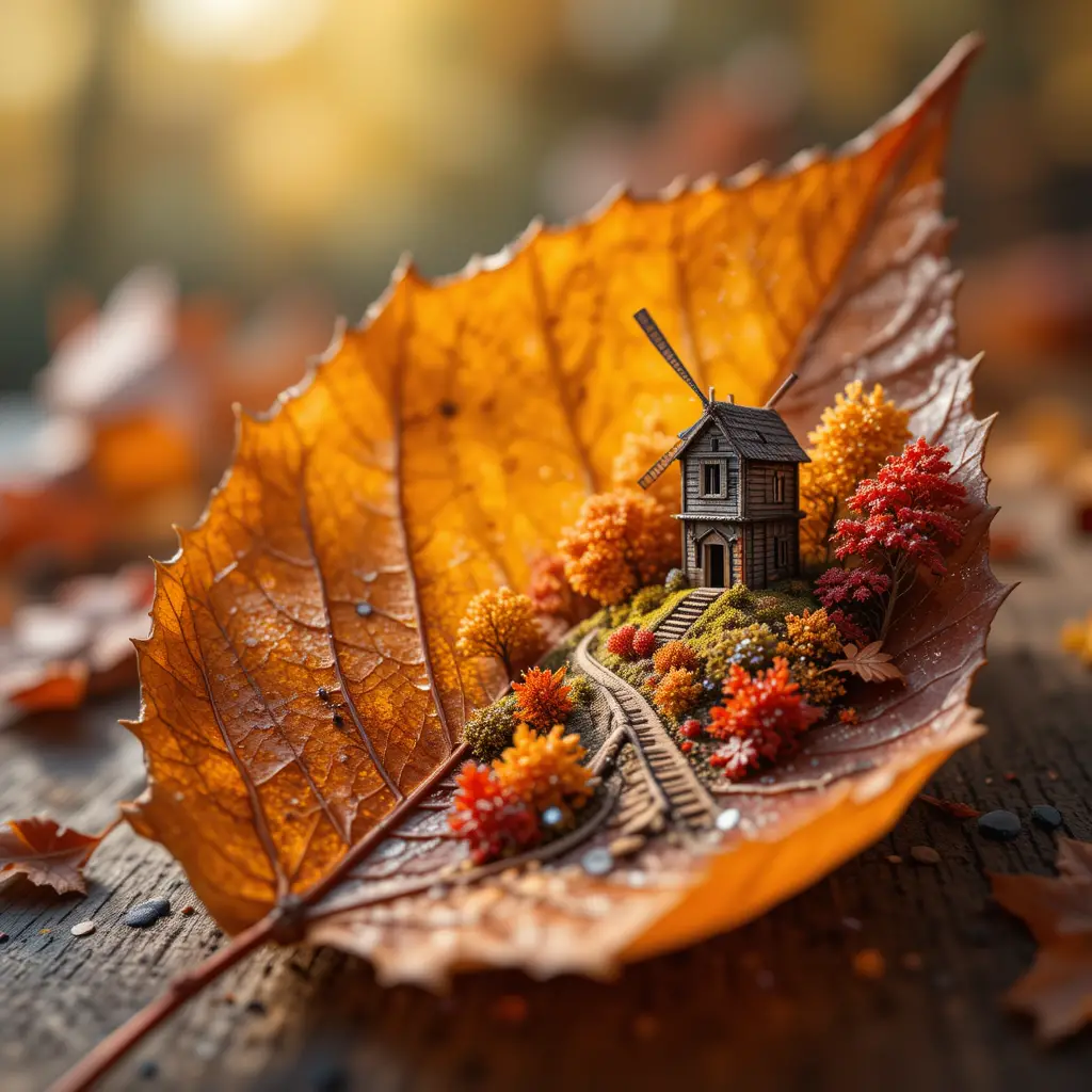 Foglia autunnale in primo piano con paesaggio in miniatura