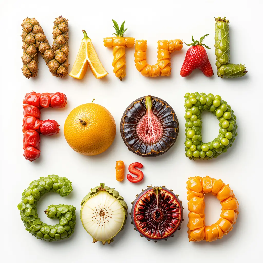 Poster con citazione sul cibo naturale realizzato con frutta vera