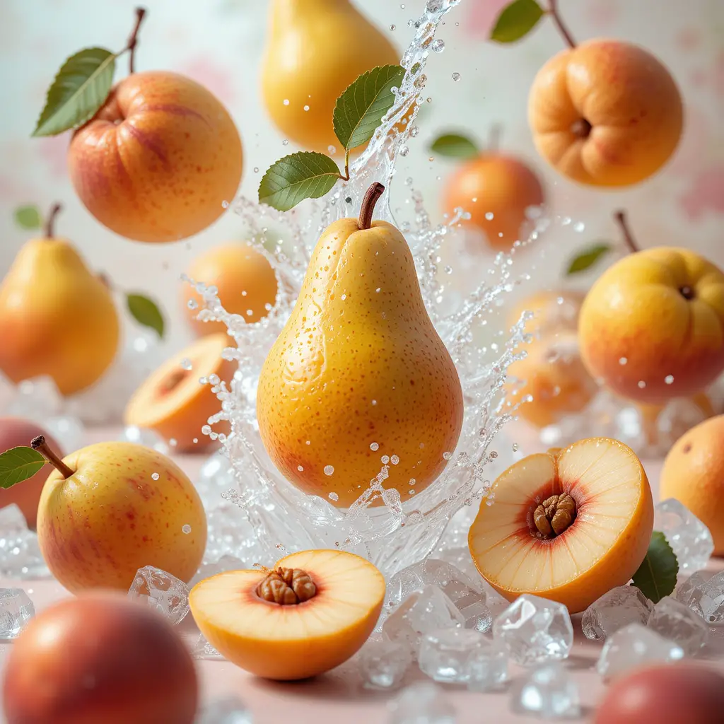 Pere e pesche fresche che schizzano in acqua ghiacciata