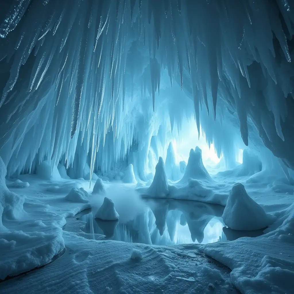 Surreale Eishöhle mit leuchtend blauen Kristallen und spiegelglattem Wasserbecken