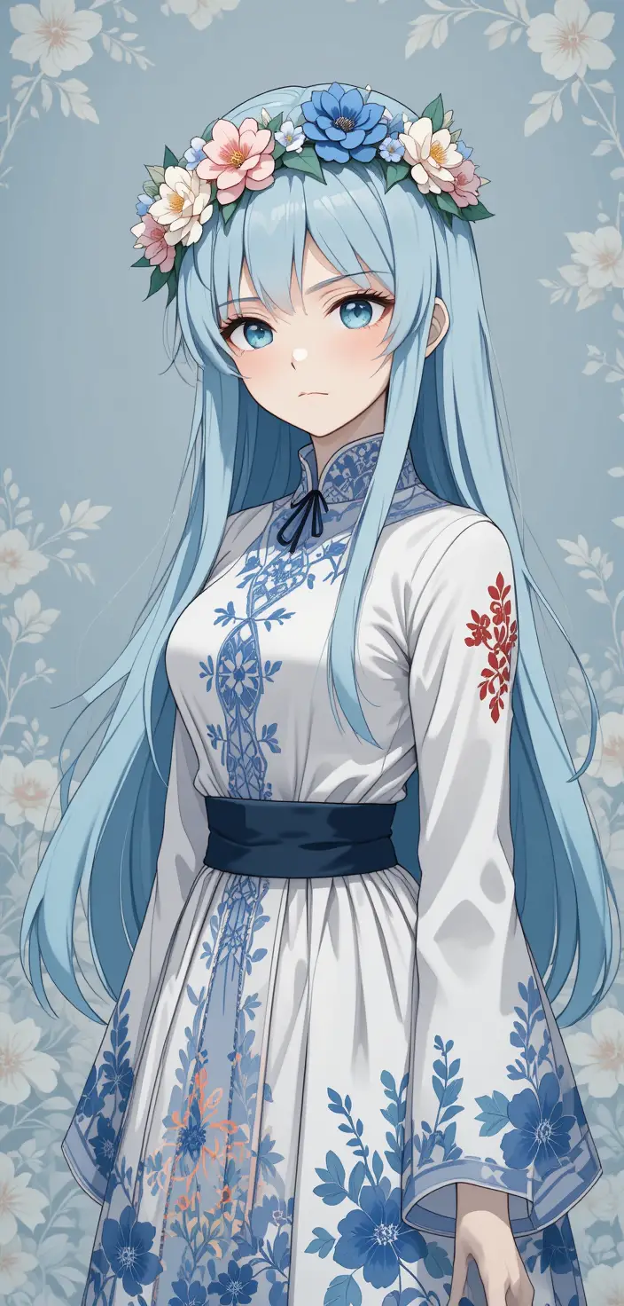 Ritratto di ragazza anime con capelli blu e corona di fiori