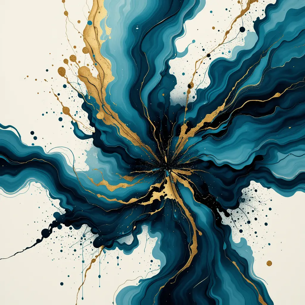 Art fluide abstrait bleu sarcelle et bleu marine avec accents dorés