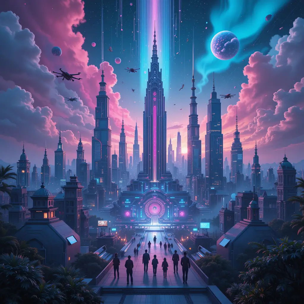 Pintura digital futurista de uma metrópole neon utópica