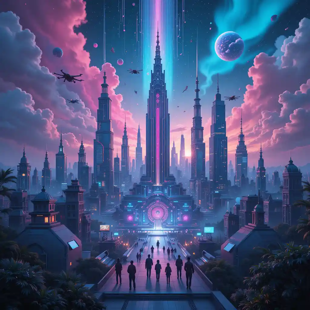 Pintura digital futurista de uma metrópole neon utópica