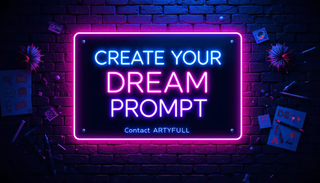 Neon sign on brick wall with creative digital tools