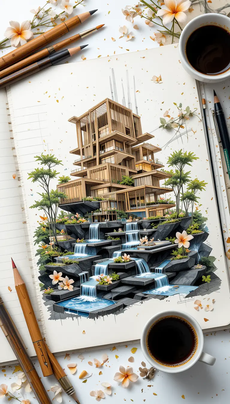 Arquitetura futurista de bambu sobre piscinas em terraços à noite