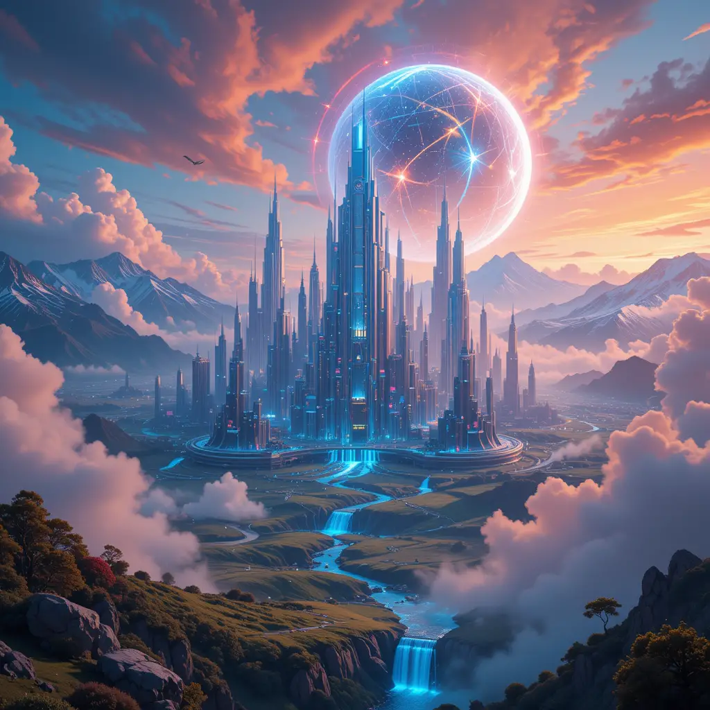 Futuristische schwebende Stadt über farbenfroh leuchtenden Wolken